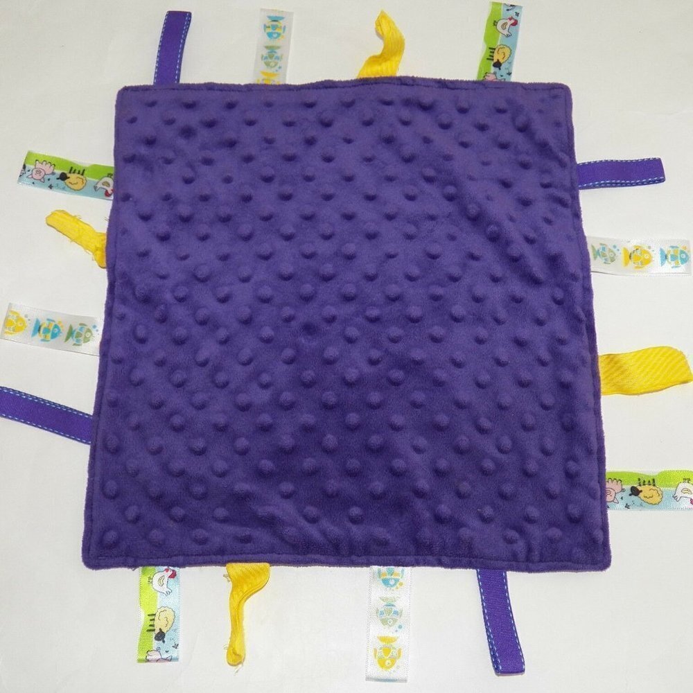 Dark Purple Baby Security Blanket Lovey Fish Farm Animals Yellow Tags 12" x 12"